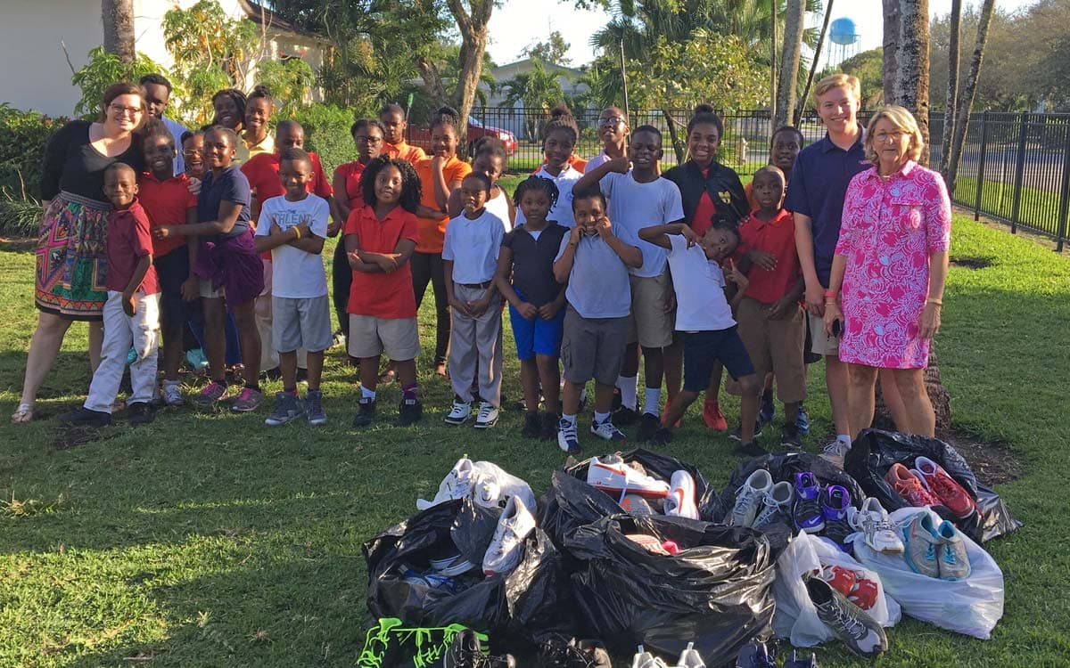 Students with donated footwear